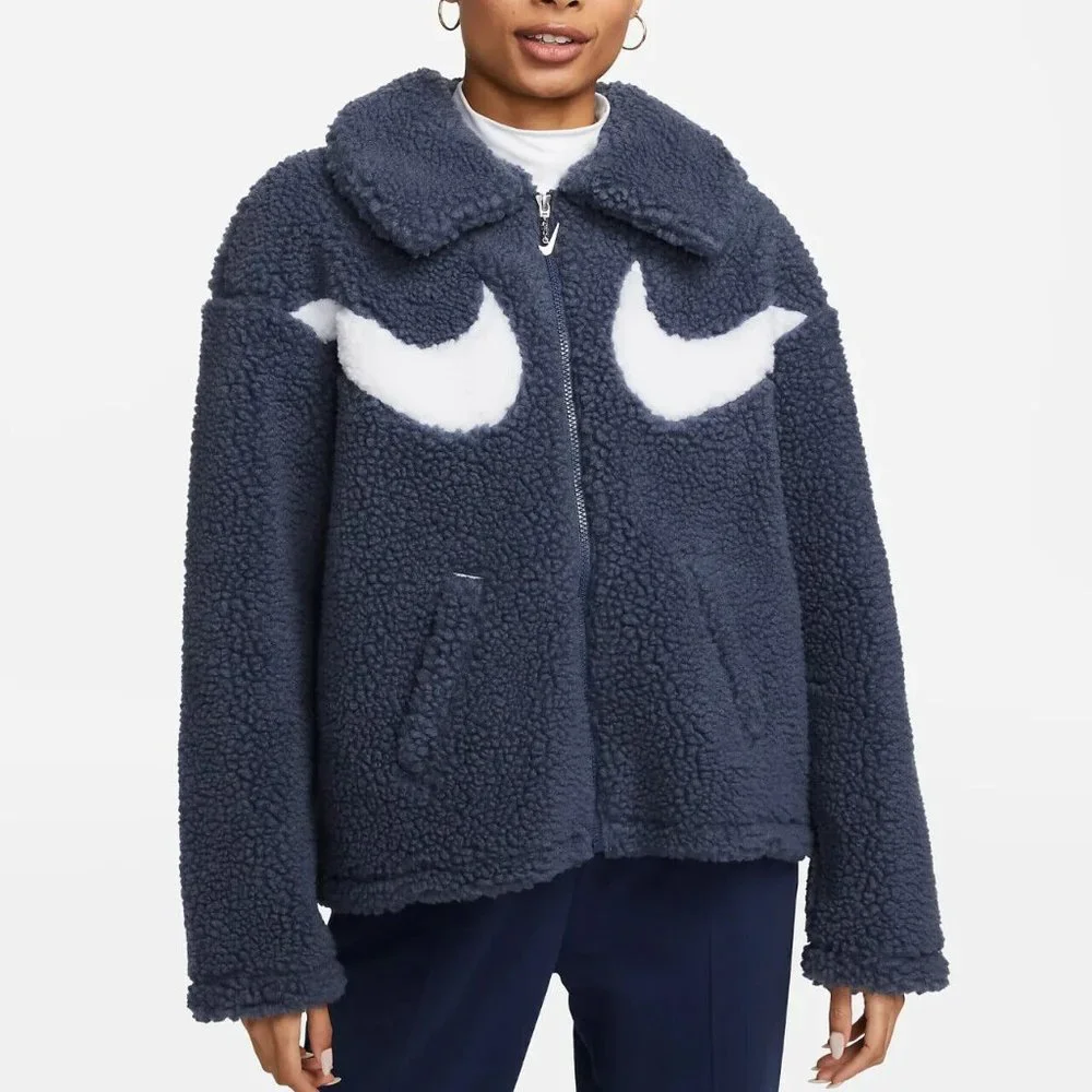 Nike Sportswear Swoosh Full Zip Sherpa Fleece Jacket Womens L Thunder Blue